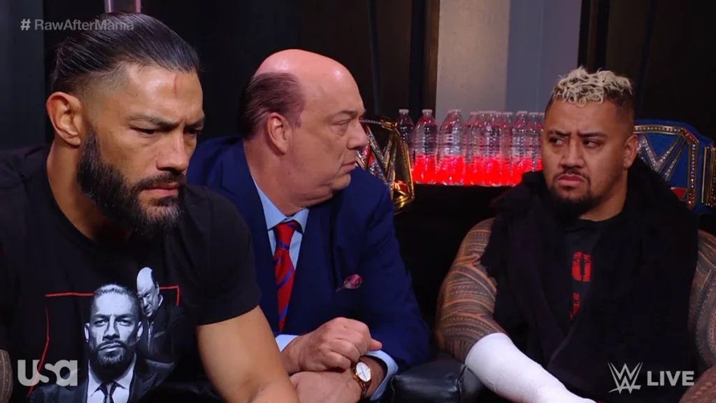 Roman Reigns and Solo Sikoa and Paul Heyman 