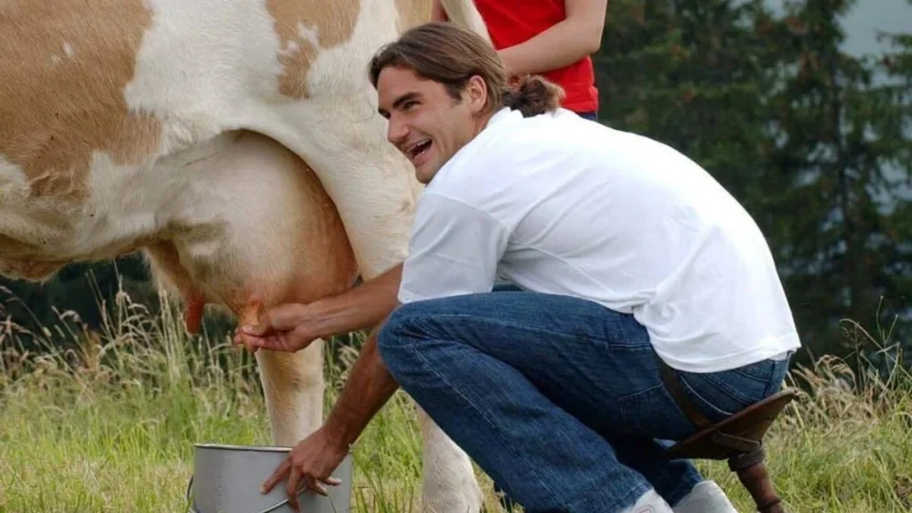 Roger Federer milking cow