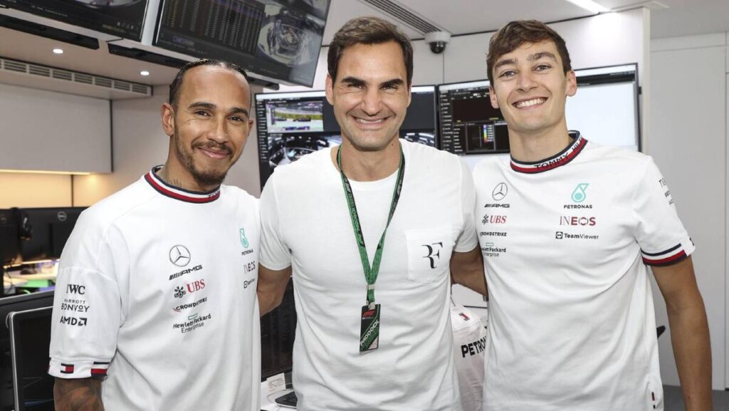 George Russell, Roger Federer and Lewis Hamilton