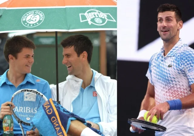 Novak Djokovic holds umbrella for ballboy